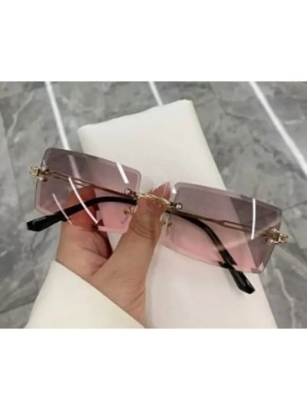 Rimless Rectangle Sunglasses Grey Pink Gradient Lenses Gold Tone Frame Y2K Retro